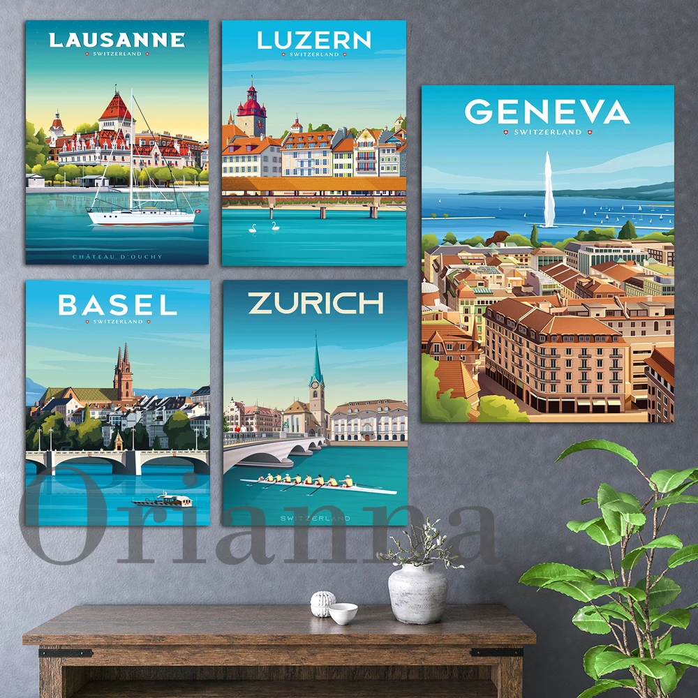 

Рисунок на холсте с изображением города, Базельской, Лозанны