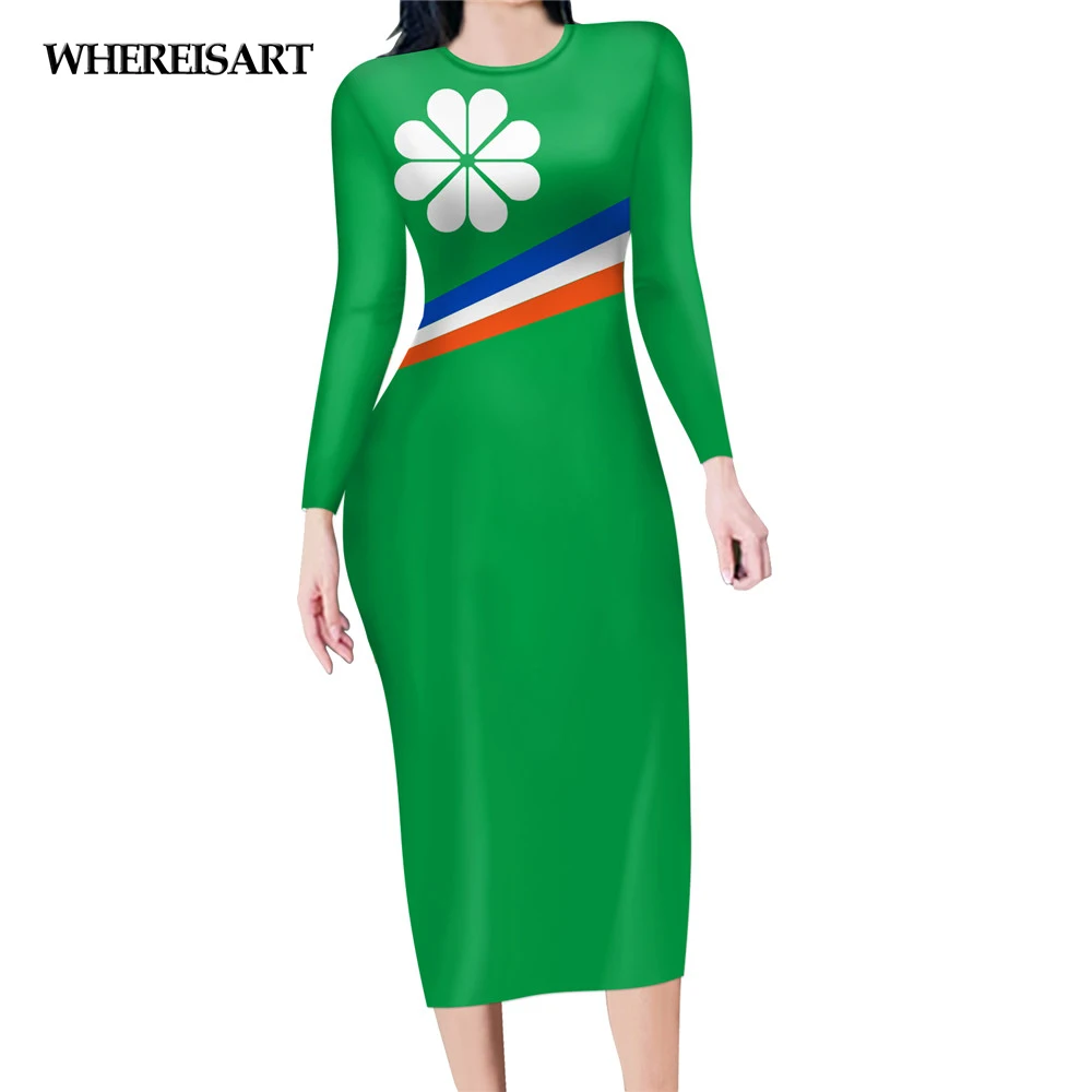 

WHEREISART Hot Fashion Spring Autumn Women Clothing Marshall Island Flag Printed Sexy Long Sleeves Bodycon Party Dress For Lady