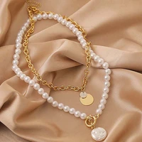 1pc ladies niche design temperament double layer stitching simulation white pearl collarbone necklace with coin shape pendant