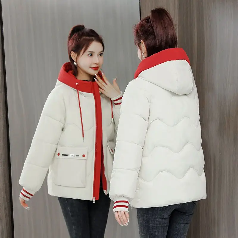 

2022 Winter New White Stitched Down Padded Jacket Short Korean Version Hooded Thickened Warm Bread Jacket Youth Girl Snow Suit