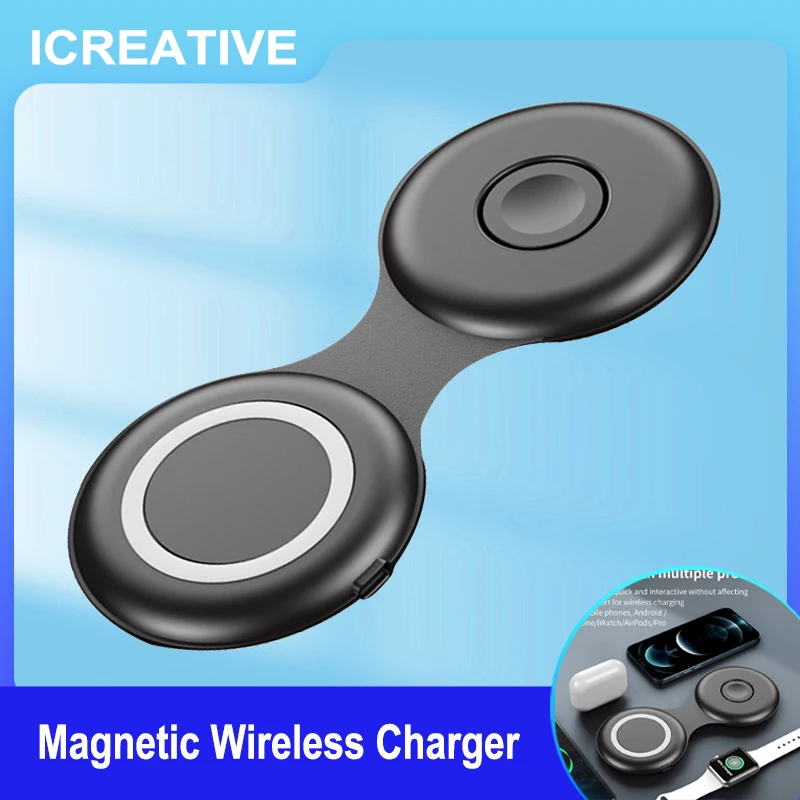 

ICREATIVE 3 in 1 Magnetic Wireless Fast Charger For iPhone13 12 11 Pro Max/X,Apple Watch AirPods 15W Foldable Charging Base