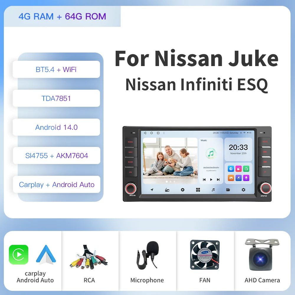 

Kapud 7 "Android 14 2Din мультимедийное радио для Nissan Juke YF15 (2010–2014) Универсальная камера CarPlay Auto 200 мм * 100 мм Wi-Fi 360