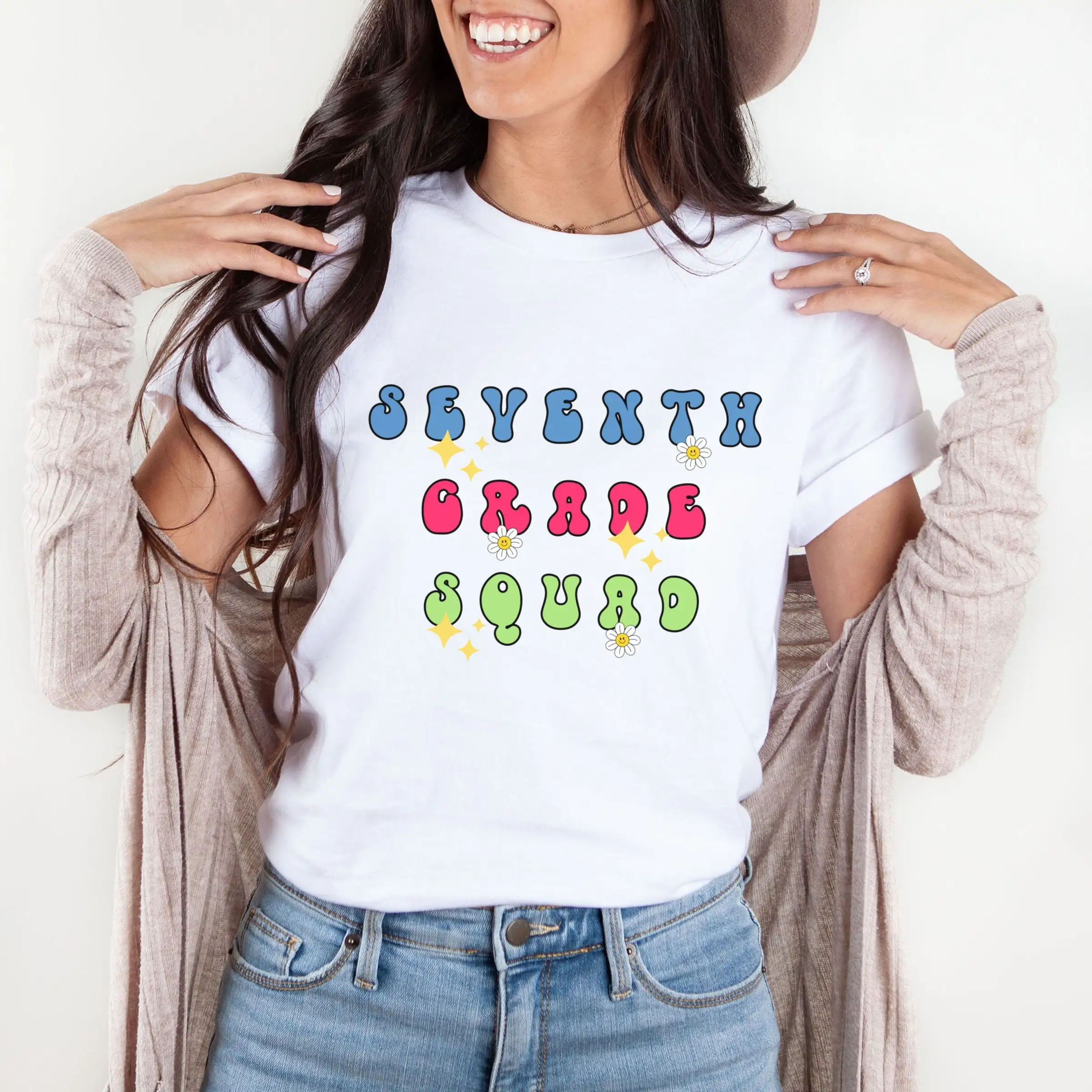 7Th Grade Teacher T Shirt For Retro Hello Rainbow