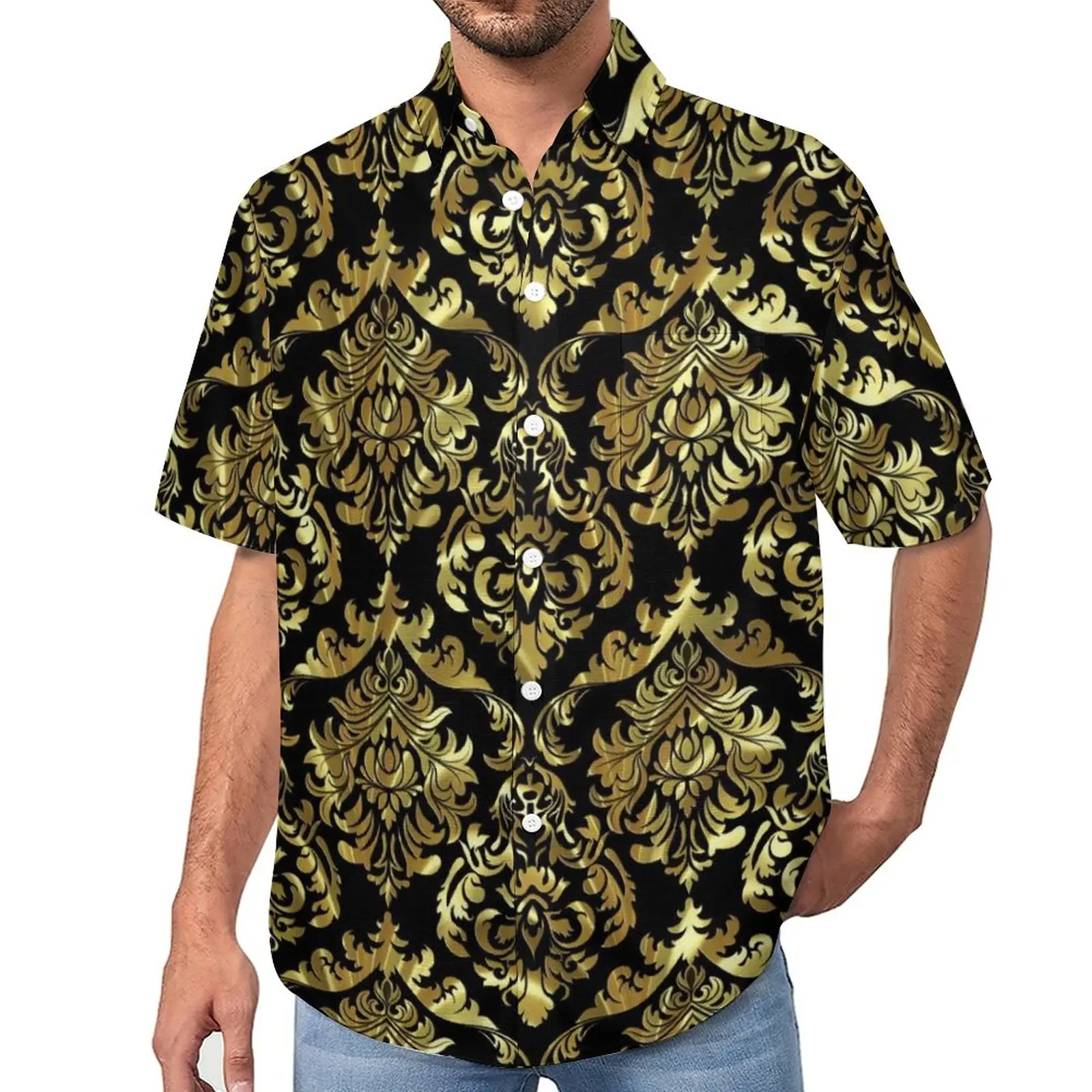 

Baroque Floral Casual Shirts Black And Gold Beach Shirt Hawaii Vintage Blouses Mens Print Big Size