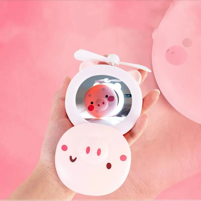

TSHOU514 Cartoon Cute Piggy Mini Cosmetic Mirror Compact Portable Pocket Makeup Mirrors Cooling Fan Light Handheld USB Recharge