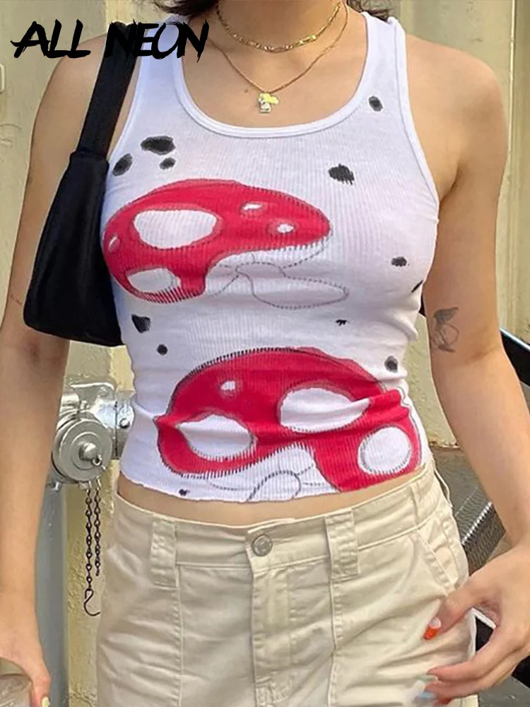 

ALLNeon Indie Aesthetics Retro Mushroom Print Ribbed Baby Tanks 90s Streetwear Vintage O-neck Sleeveless Graphic Crop Tops Cute