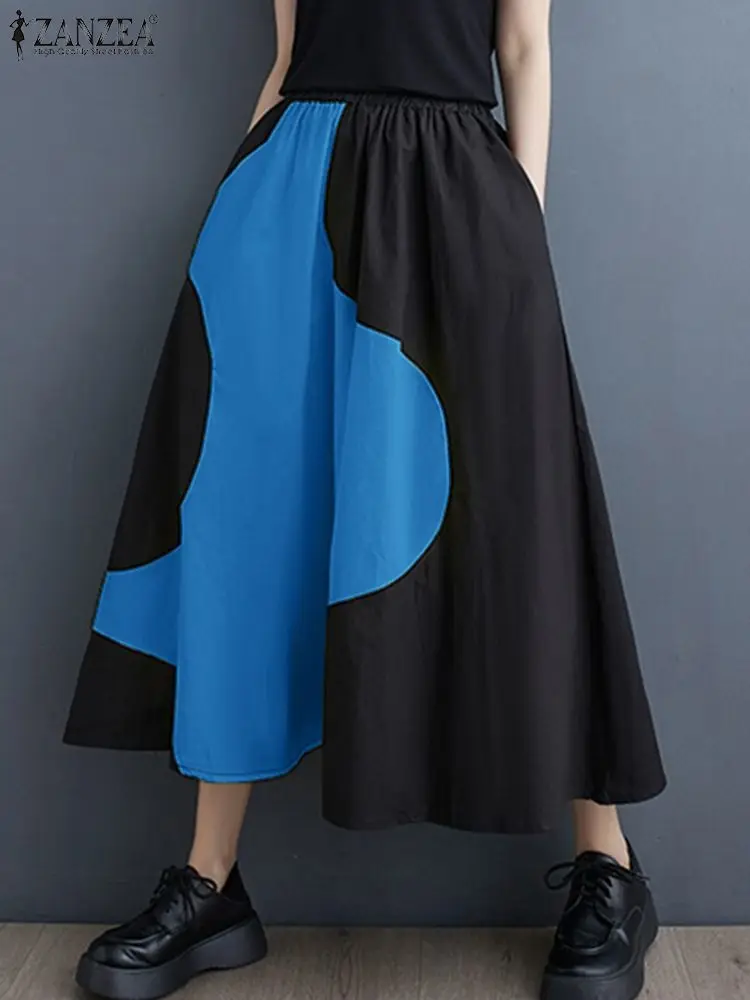 Осенняя модная Лоскутная юбка ZANZEA Корейская трапециевидная Женская макси с