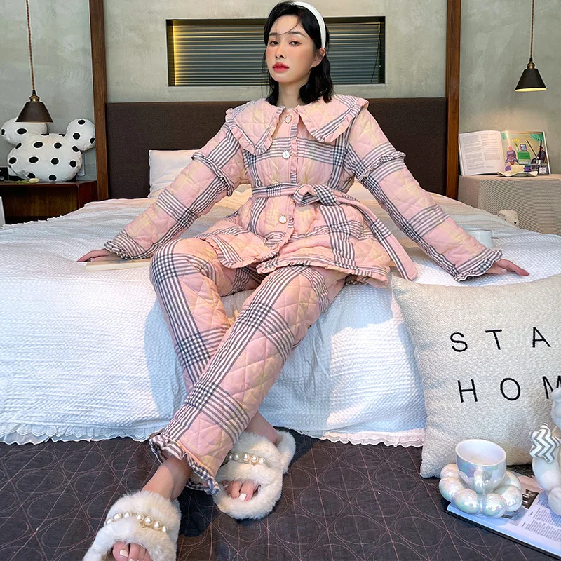 2022 Winter New 3 Layers Quilted Pajamas Suit Loose Plaid 2PCS Women Sleepwear Nightwear Thick Sleep Set Casual Warm Home Wear