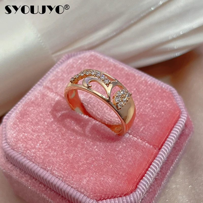 SYOUJYO-anillo Vintage de lujo para mujer, de oro rosa 585, circonita Natural, Micro cera, mosaico, flor hueca, novia, joyería de moda para boda