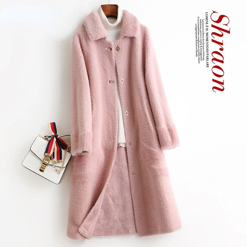 

Elegant Real Sheep Shearing 2023 Overcoat Female Autumn Winter Korean Long 100% Wool Jacket Women Jaqueta Feminina Gxy842