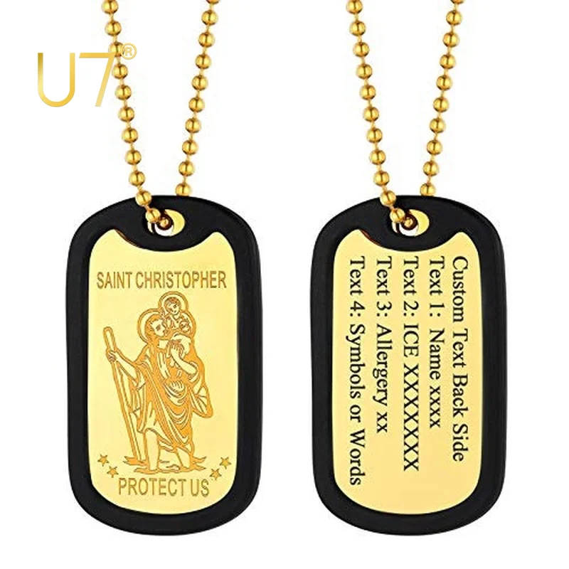 U7 Custom Silicone Dog Tags Necklace for Men Stainless Steel Bead Chain Religious Archangle St. Christopher Pendant