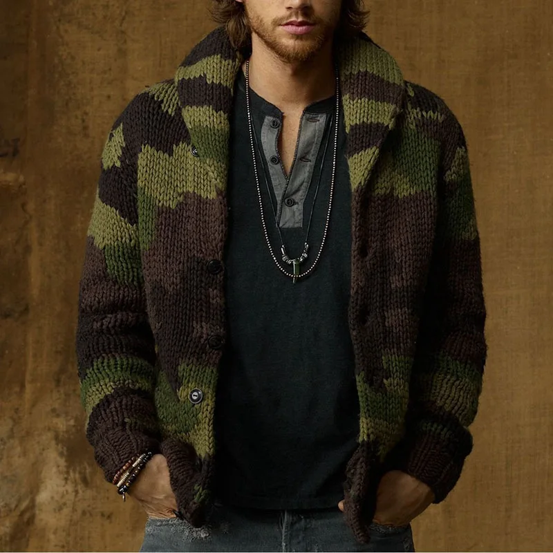 

New Men's Autumn and Winter Camouflage Jacquard Sweater Lapel Slim Fit Knitted Jacket