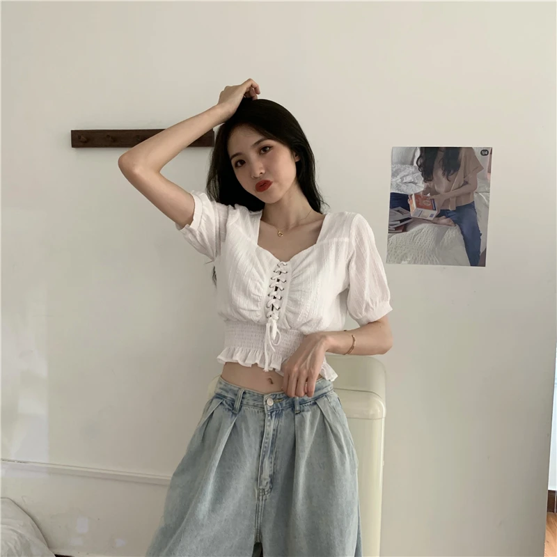 Модные белые женские блузки на завязках с пышными рукавами однотонная