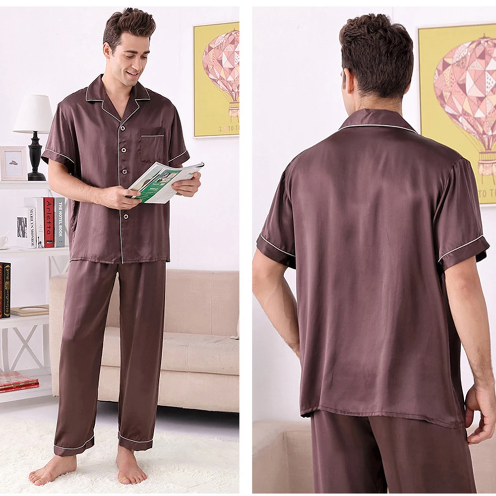 100% Mulberry Silk Men Pajamas Set for Men Sleepwear Loungewear Short Sleeve Sleepwear Nightgown