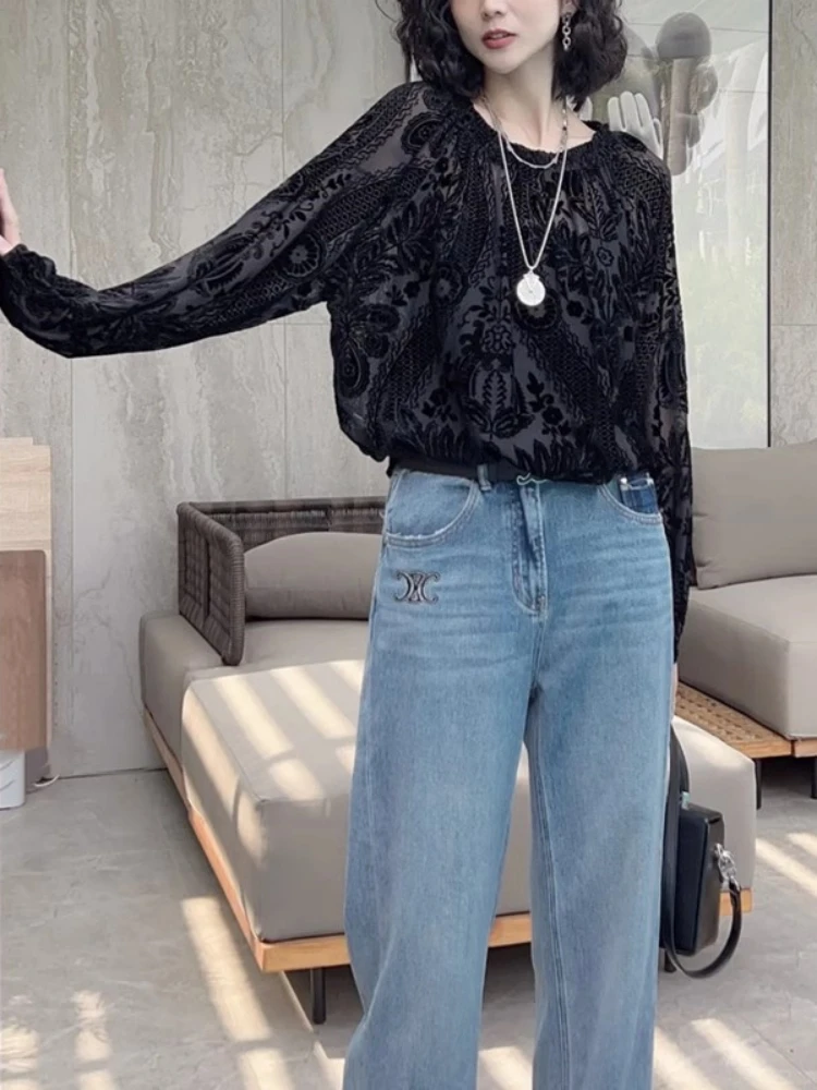 High-End Versatile Black Temperament Shirts Women 2024 Autumn New Plus size Chubby Girl Slimming Fashion Top