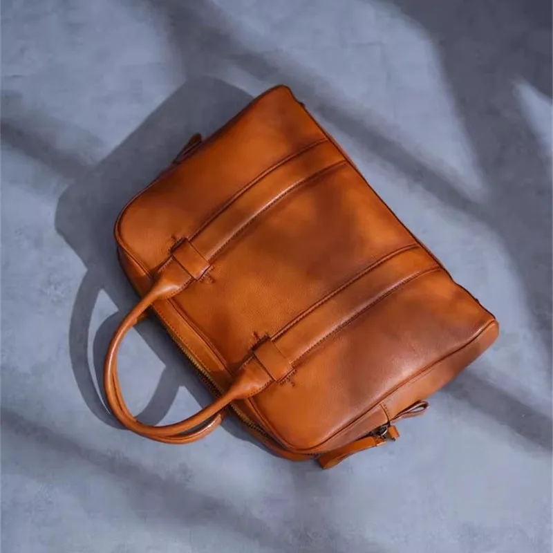 

Fashion luxury designer top cowhide men's brown handbag outdoor daily work natural genuine leather teenagers laptop briefcase