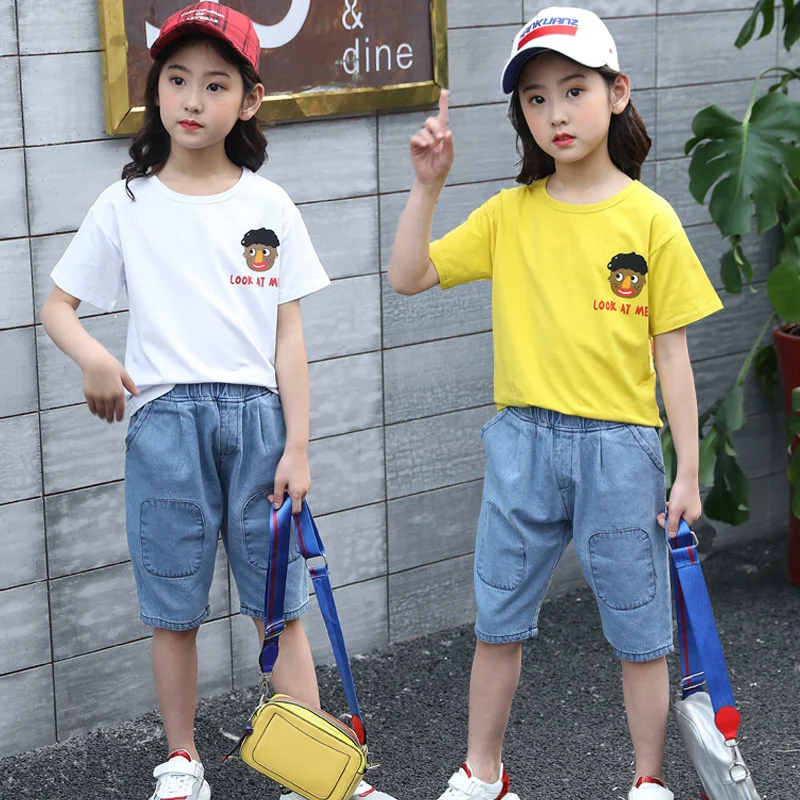 

Girls' summer suit 2022 new denim fashion girls' middle and older children's sweater sports two-piece set