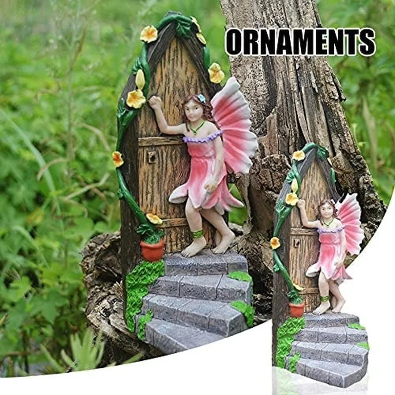 

Garden Ornaments Fairy Garden Statue Elf Knocking on The Door Handmade Resin Art Ornament Miniature Fairy Garden Sculpture