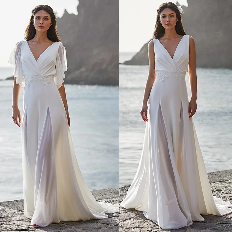 A-Line V Neck Beach Backless Bohemian Outdoor Chiffon Robe De  Mariée Flutter Sleeves Ruched Wedding Dress Gown Bridal Dress