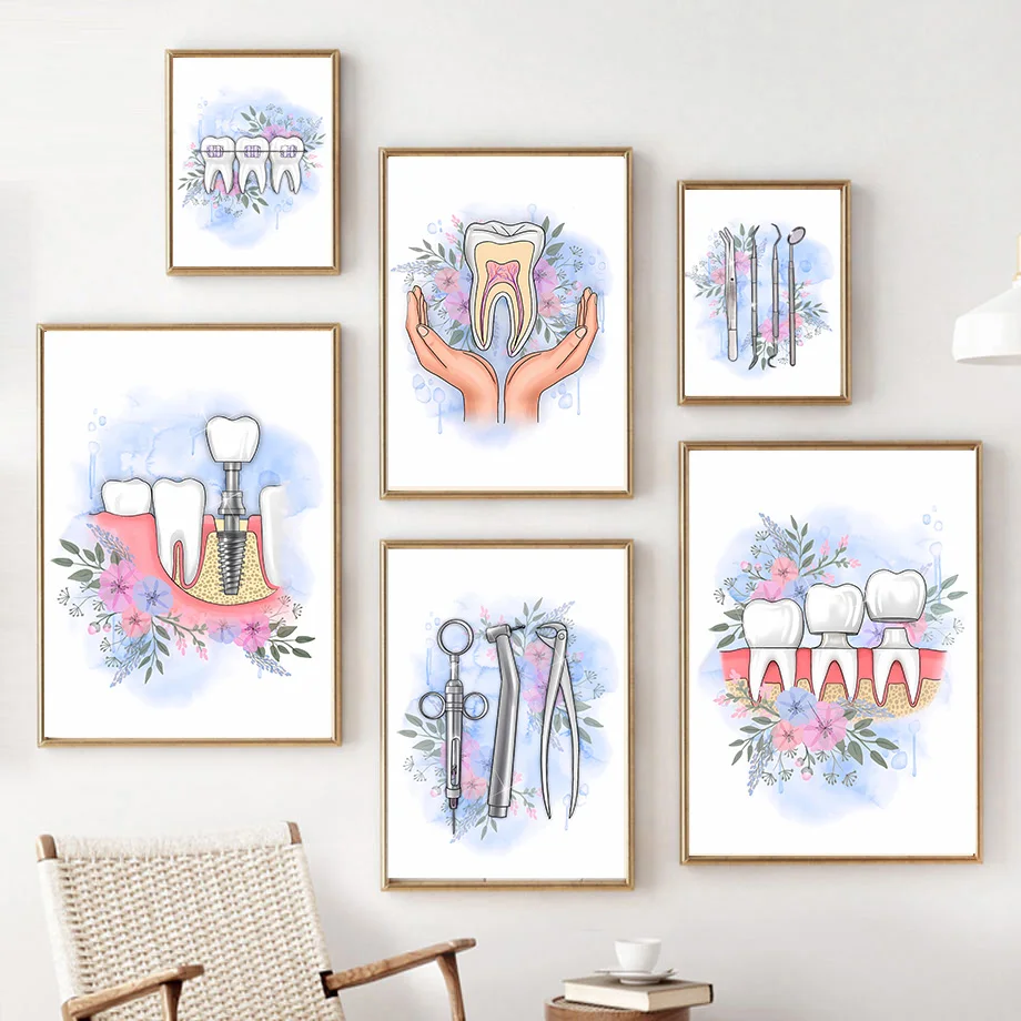 

Watercolor Tooth Anatomy Floral Caduceus Dentist Gift Wall Canvas PaintingArt Posters And Prints Wall Pictures For Clinic Decor