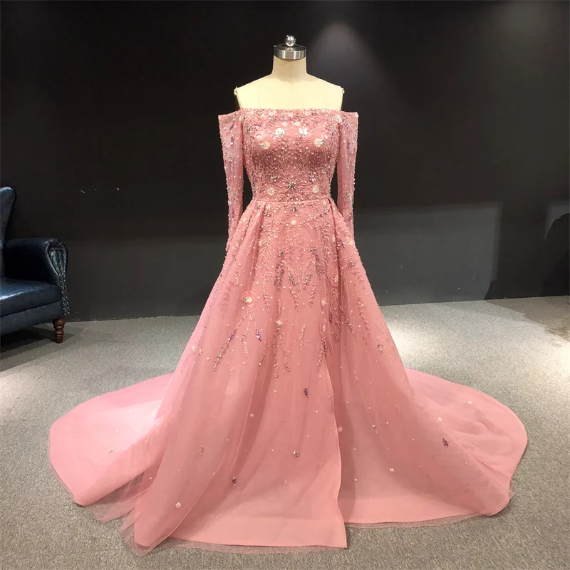 

100%Real Photos Pink Color Heavy Beads Off the shoulder long sleeves Big Train Formal Prom Party Dance Bridal Evening Dresses