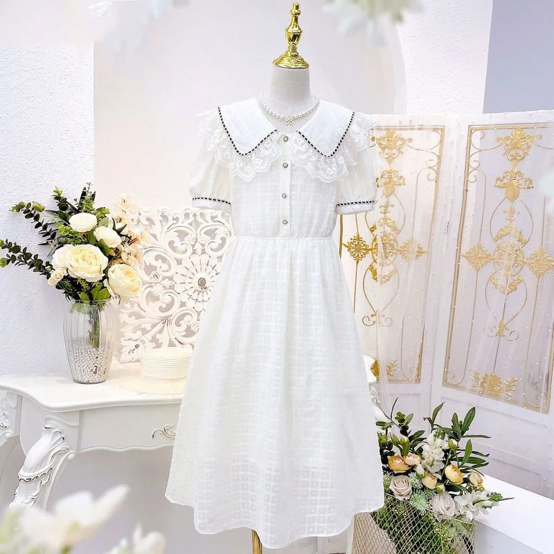 

Летнее белое кружевное клетчатое Цветочное платье в стиле "Лолита", Повседневное платье средней длины для девочек, детские платья для подростков, женский сарафан принцессы