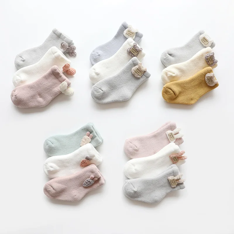 

3 Pairs Autumn and Winter Terry Thickened Baby Socks Kids Soft Cartoon Medium Tube Newborn Socks 0-3 Years