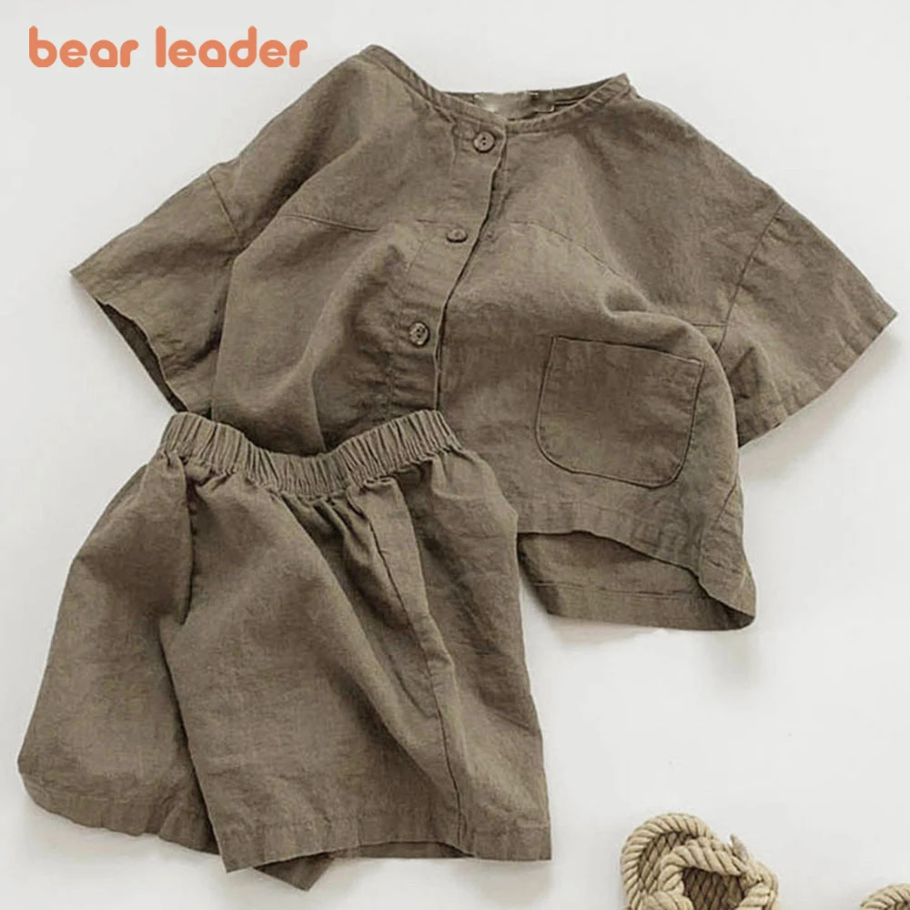

Bear Leader/комплекты для мальчиков однотонный пуловер с короткими рукавами и круглым вырезом хлопковый модный Удобный летний детский костюм ун...