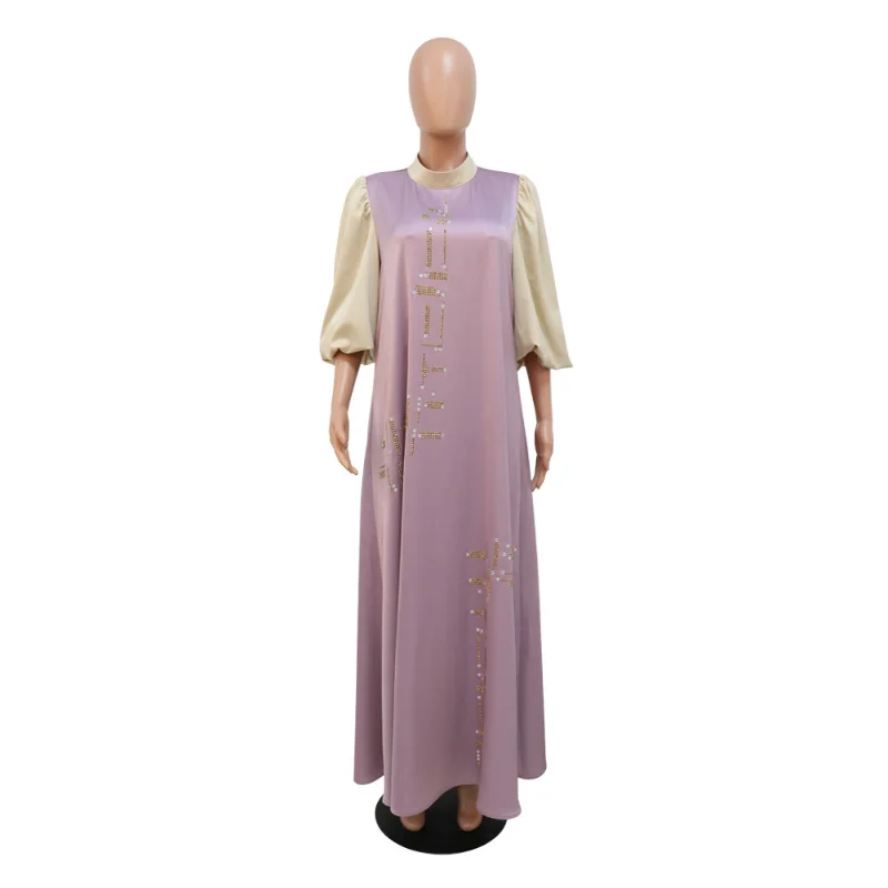 Lantern sleeve patchwork color diamond inlaid fashion dress Dubai gown women's dress