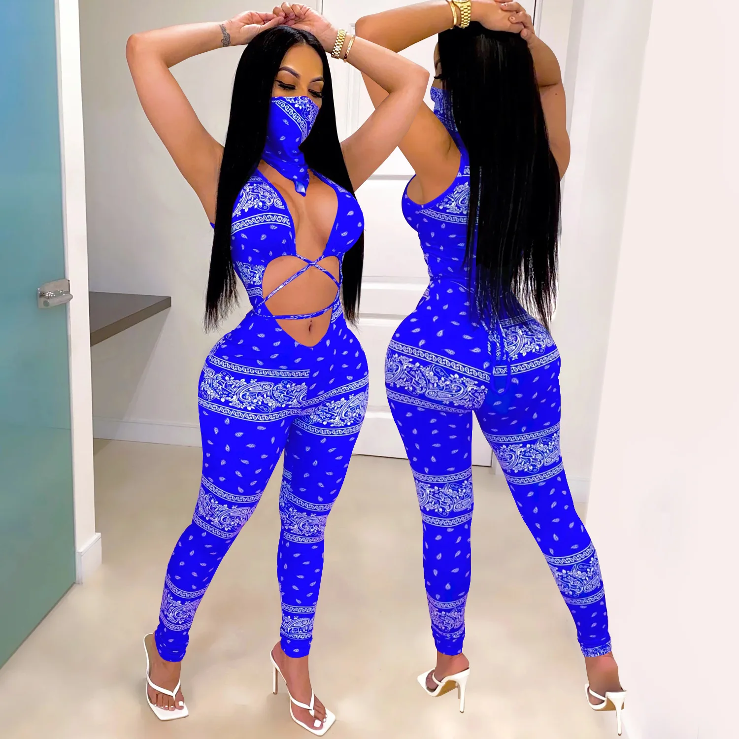 XYZ3619 Women's Jumpsuit Summer Fashion Sexy Tight Tie Hollow Out Navel Jumpsuit Women's Nightclub