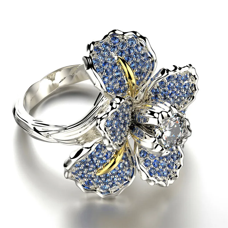 

Milangirl Luxury Female White Blue Flower Ring Charm Crystal Zircon Stone Engagement Ring Elegant Rings For Women