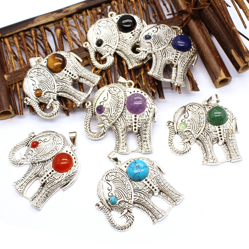 

Natural Semi-precious Amethyst Stone Jewelry Elephant Shape Animal Alloy Metal Necklace Accessories Tiger Eye Aventurine Quartzs