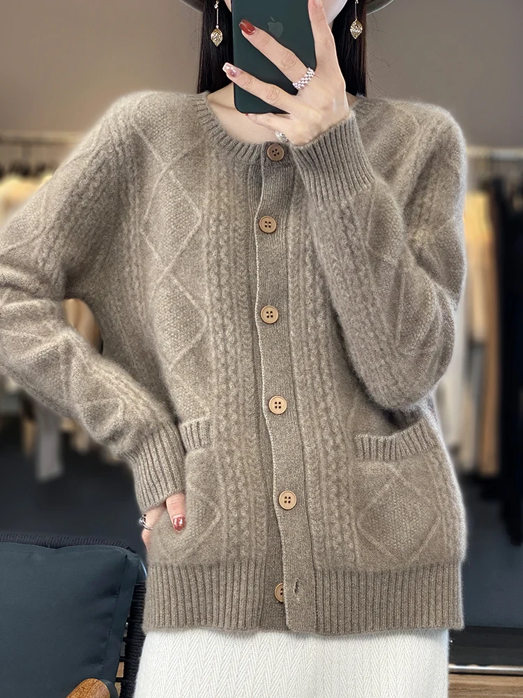 Новый шикарный осенне-зимний женский кардиган с круглым вырезом свитер из 100%