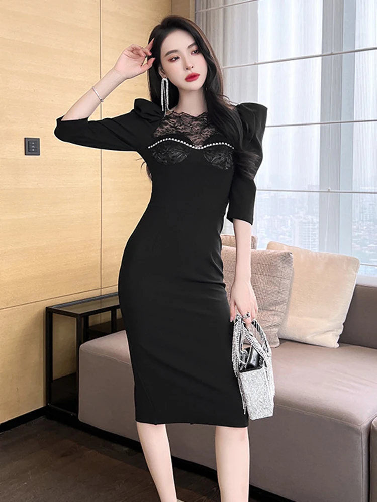 

Женское кружевное платье средней длины, элегантное облегающее вечернее платье с разрезом и рукавами-фонариками со стразами, платье для клу...