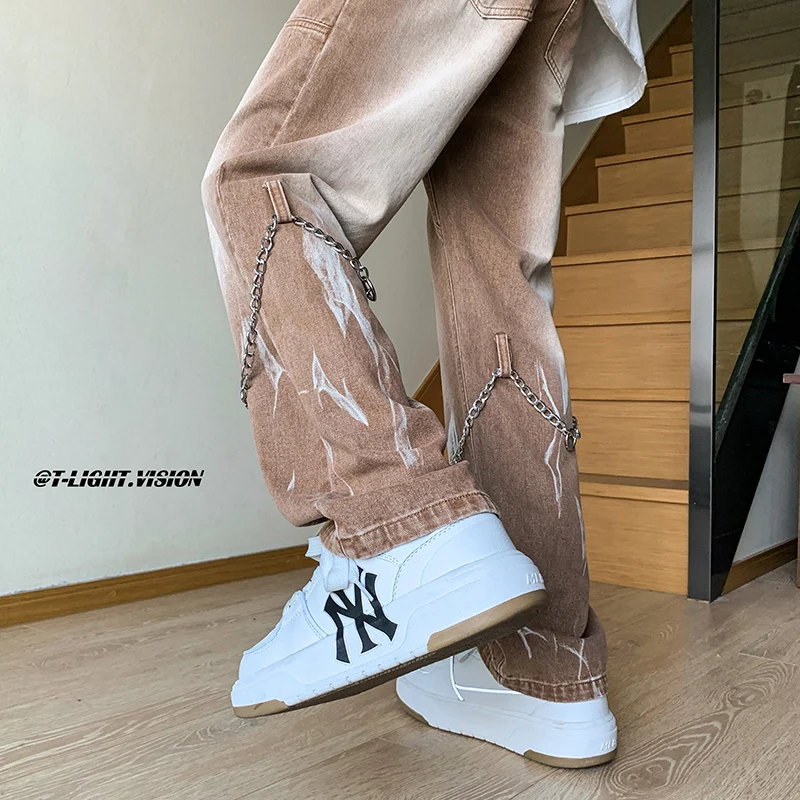 Mężczyźni Tie Dye Gradient Color Brown Jeans Mens American Retro Jean Pants High Street Trendy Brand Chain Design Cargo Techwear