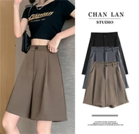 shorts women summer button knee length black wide leg loose drape korean style casual womens office bf streetwear fashion simple
