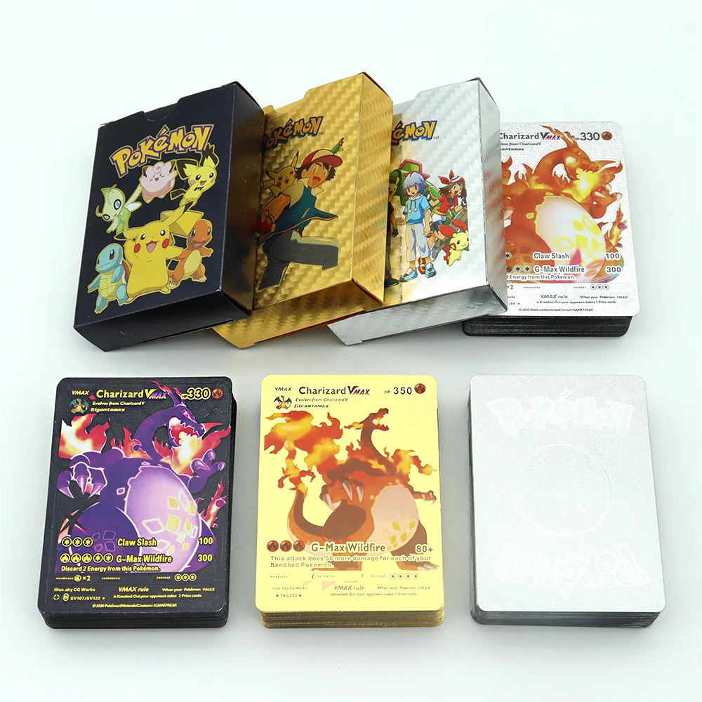 

27-55Pcs Pokemon Gold Foil Metal Cards English Spanish Vmax Charizard Pikachu Battle Trainer Gold Sliver Cards Boxed Collection
