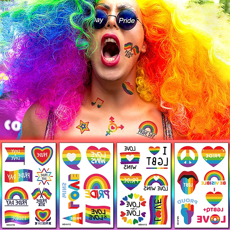 10 Sheets Pride Day Temporary Tattoos Disposable LGBT Colorful Rainbow Stickers Waterproof Face Arm Makeup Body Art