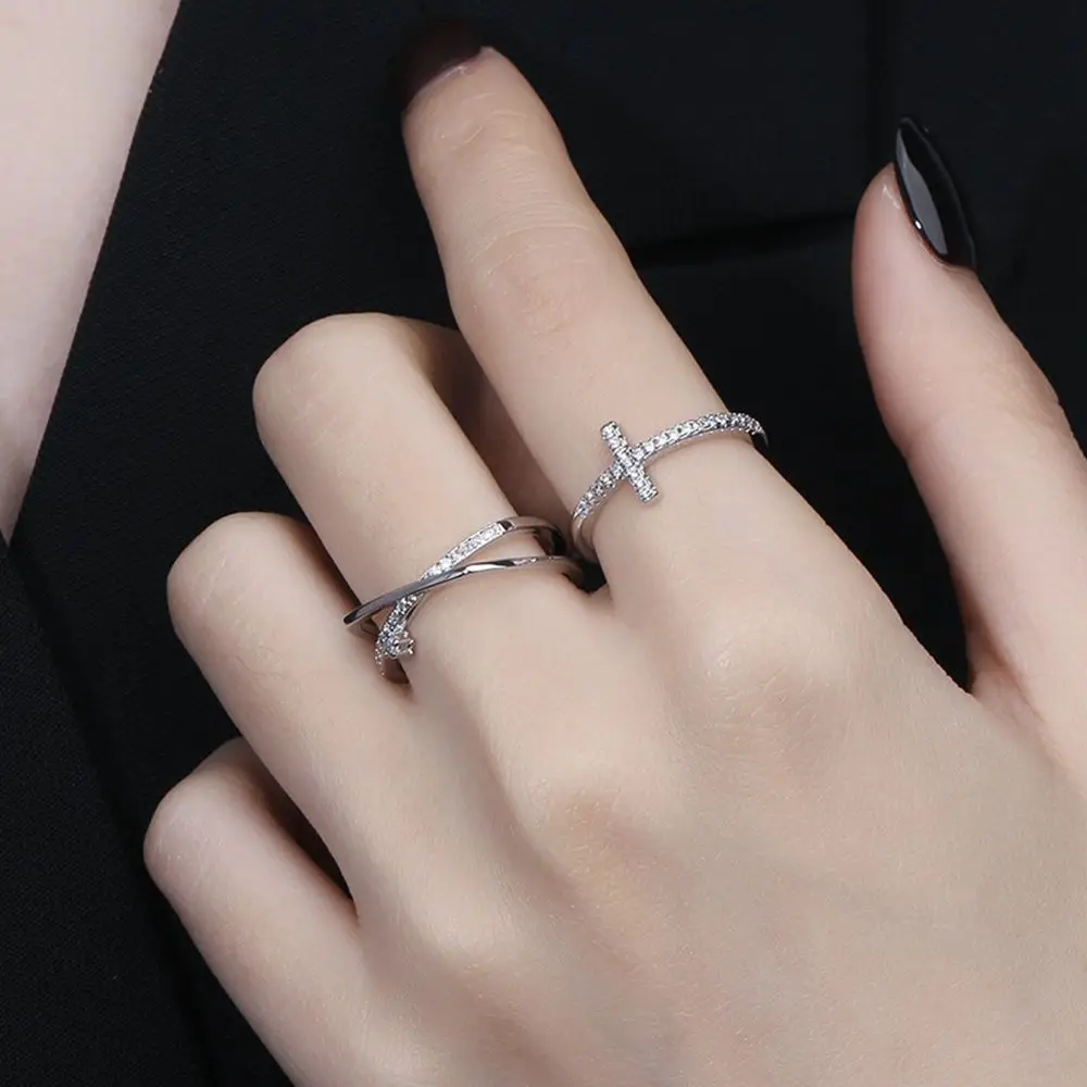 

2023 Trendy Simple Crystal Cross Open Rings for Women Sweet Chic 925 Sliver Plated Open Ring Elegant Casual Wear Jewelry Gift