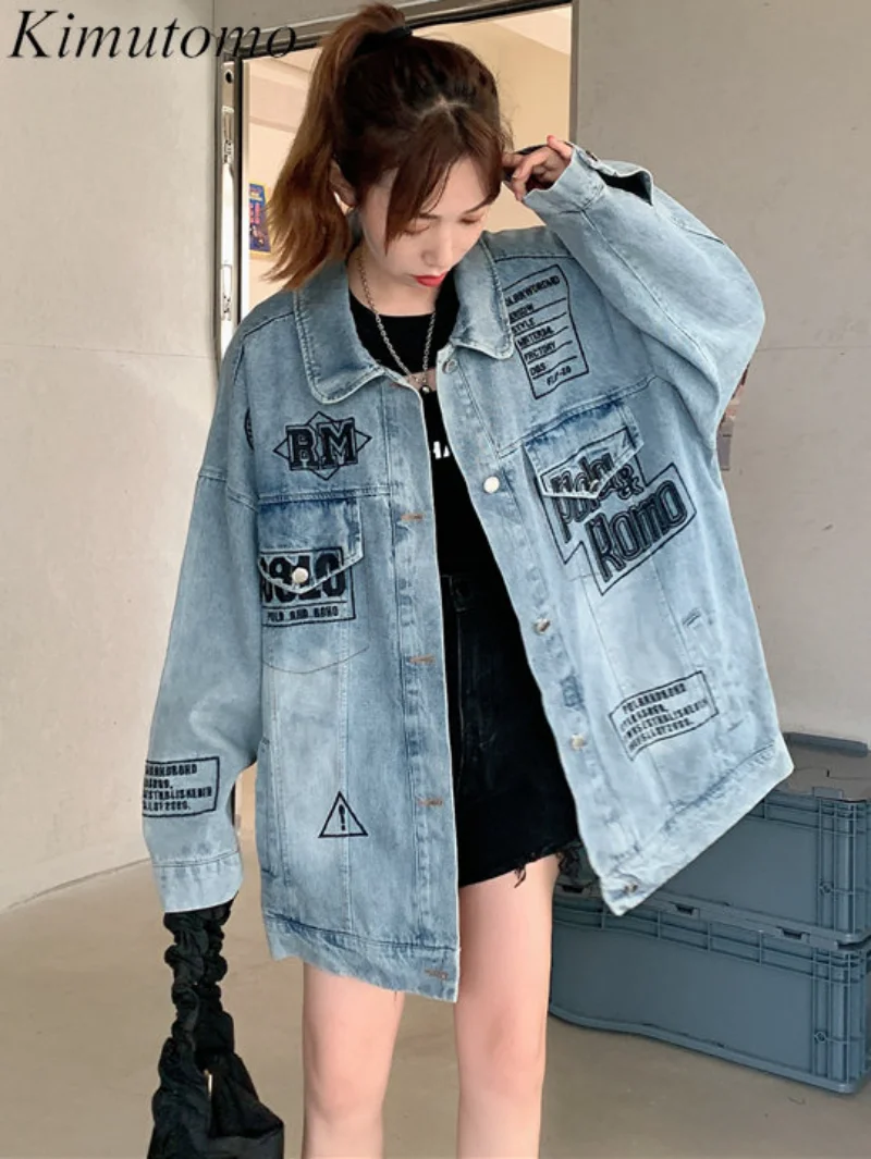

Винтажная Свободная джинсовая куртка Kimutomo с вышитыми буквами, Женская Повседневная простая универсальная куртка с лацканами и одним нагру...