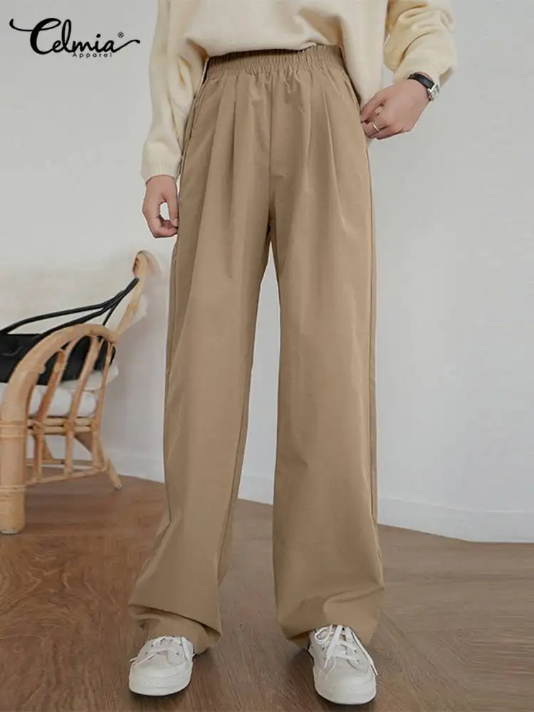 

Celmia Elegant All-match Pant Leisure Elastic Waist Solid Color Straight Pants Women Autumn Pockets Pleats Long Trouser Pantalon