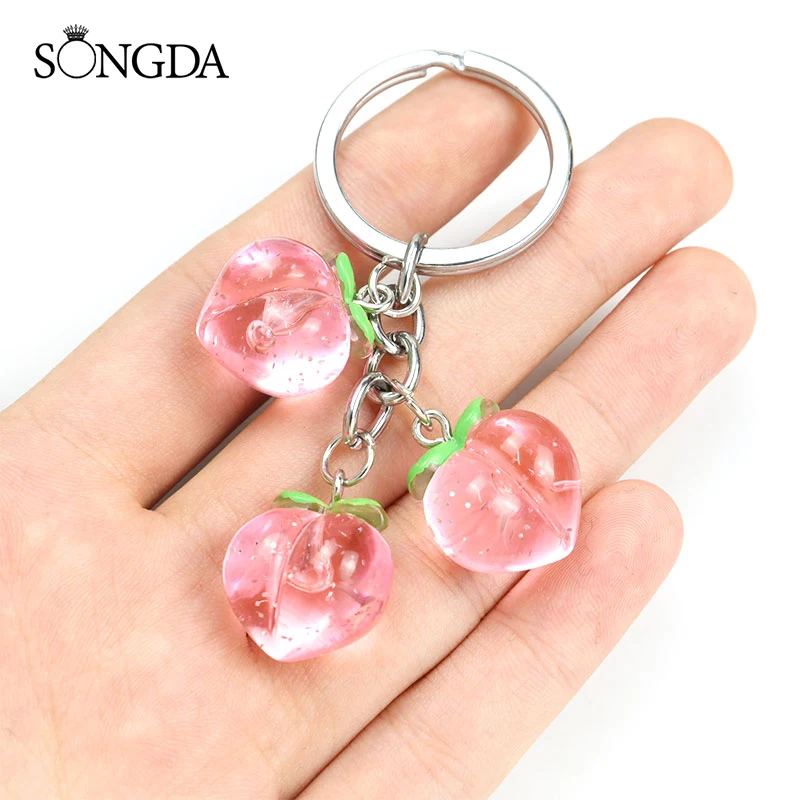 

Cartoon Cute Peach Pendant Keychains Colorful Acrylic Fruit Food Keychain Silver Color Plated Keyrings Woman Jewelry Accessories