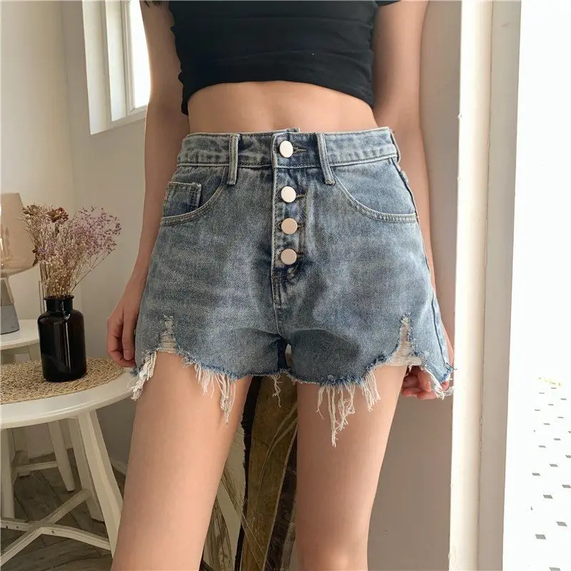 

DAYIFUN Korean Retro Distressed Washed Denim Shorts Women Fashion Irregular Single-breasted High Waisted Straight Wide-leg Pants