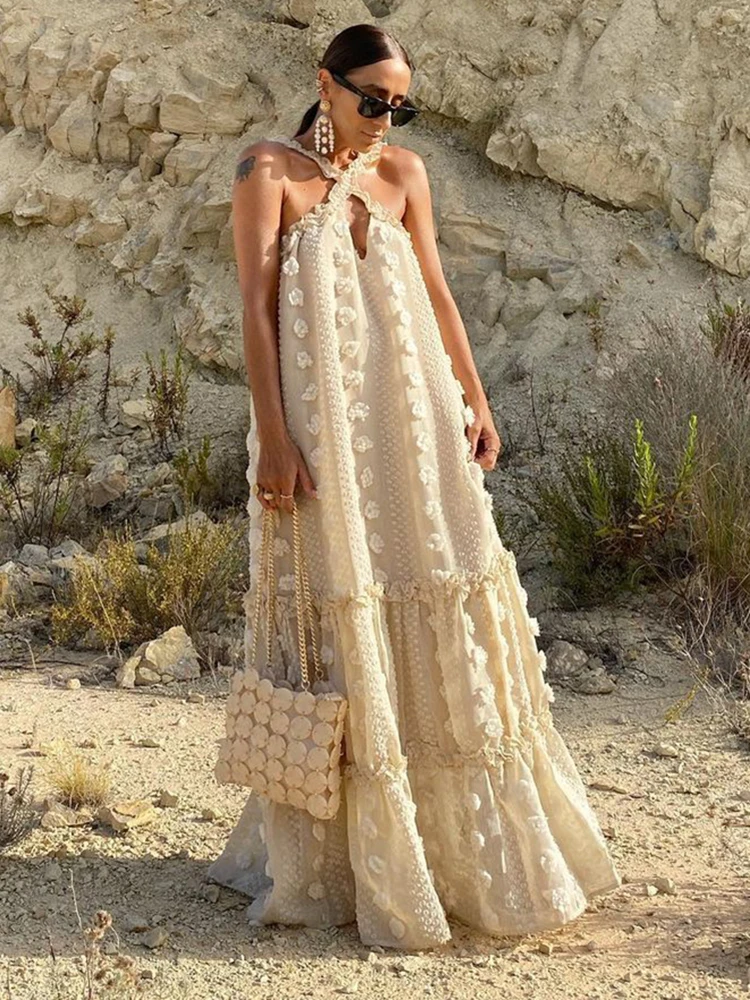 

Sexy Hollow Out Halter Sleeveless Maxi Dresses for Women Summer Fashion Stereo Flower Ruffle Long Dress Woman Casual Baggy Dress