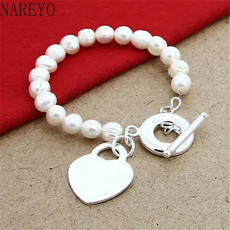 

NAREYO 925 Sterling Silver Bracelet Natural Freshwater Pearl With Heart Brand Bracelet For Woman Charm Jewelry Wedding Gift