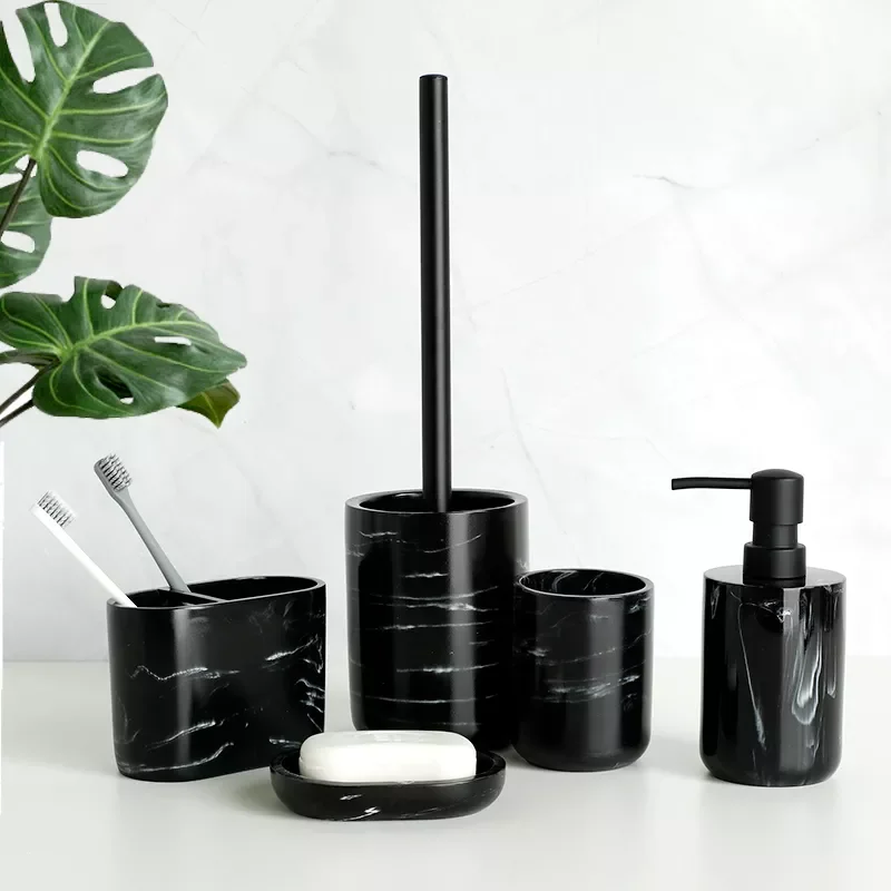 

Black Bathroom Accessory Resin Toothbrush Holder Toilet Brush Soap Dispenser Pump Bottle Soap dish Mouthwash Cup