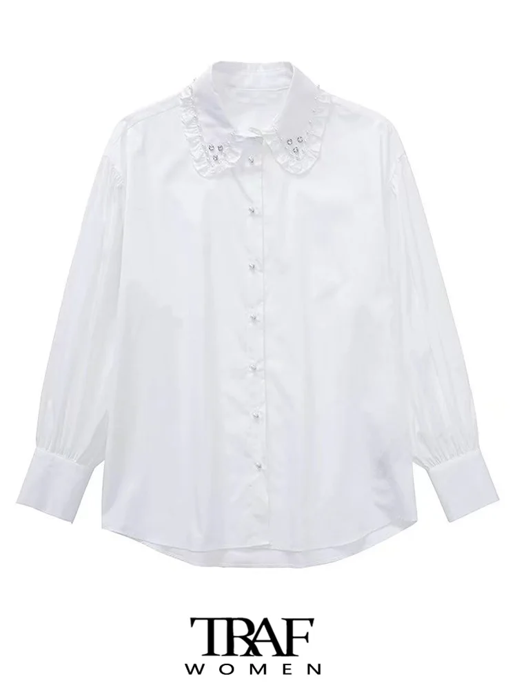

TRAF Women Fashion With Rhinestone Peter Pan Collar Loose Shirts Vintage Long Sleeve Button-up Female Blouses Chic Tops