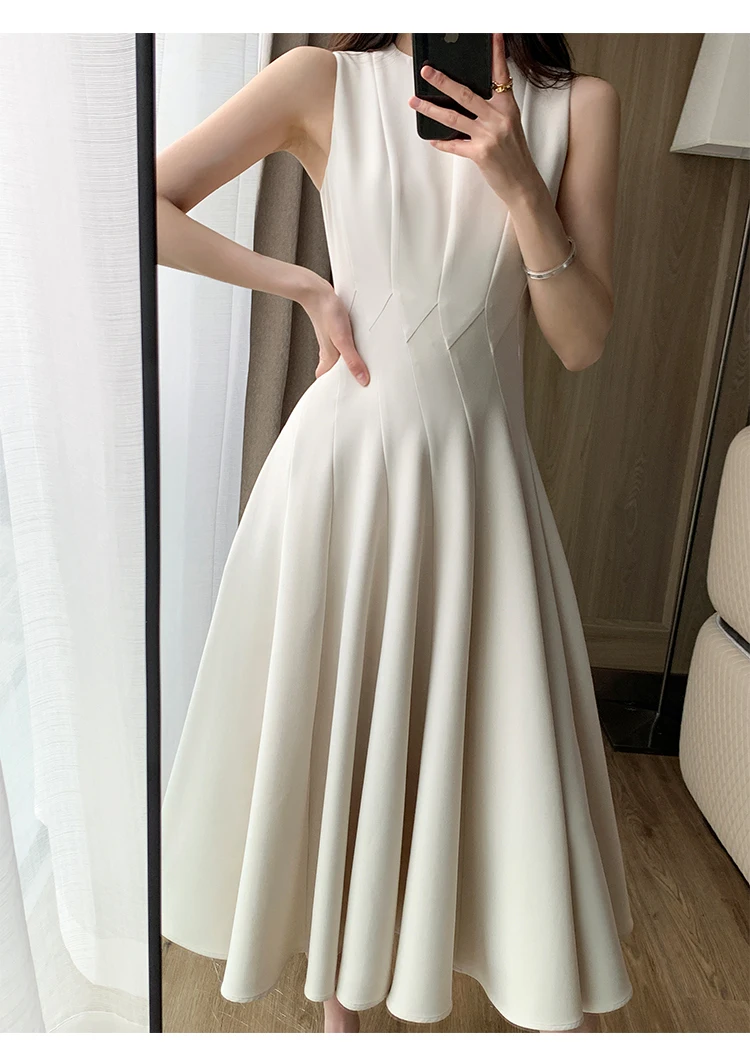 

Elegant Chemise Frock O-neck Topstitch Pleated Sleeveless Vest Dress Summer 2023 Vintage Pleated Abaya Vestido