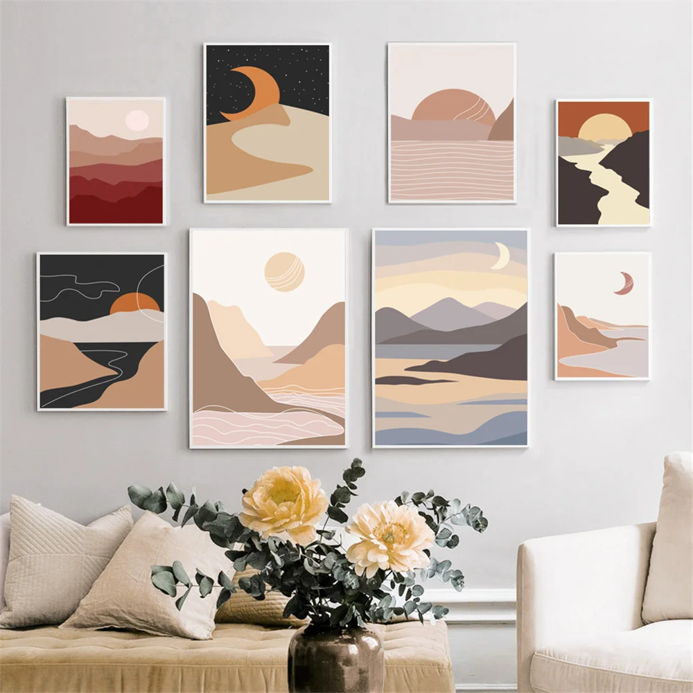 

Custom Canvas Posters Gather Mountains Sun Moon Nordic Silk Fabric Modern Party House Decor Poster Room#211217-30