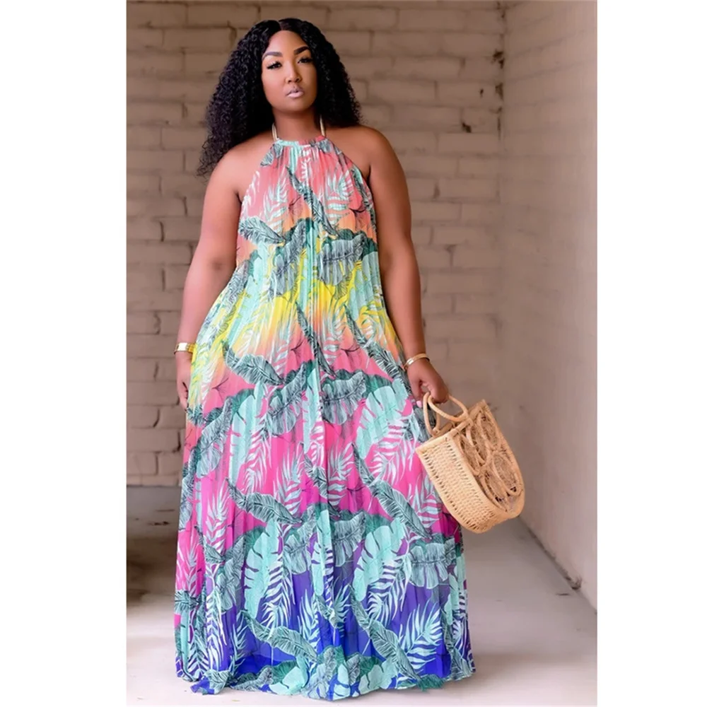 Plus Size Party Dress Sexy Hang a Neck Backless Printing Swing Elegant Summer Maxi Dresses Wholes 3xl 4xl 5xl 6xl